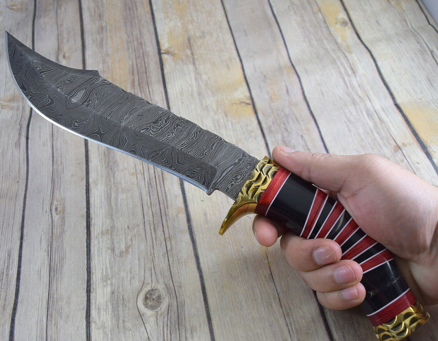 Heritage Forge 14 Inch Damascus Bowie Knife with Resin and Wood Handle + Display Stand