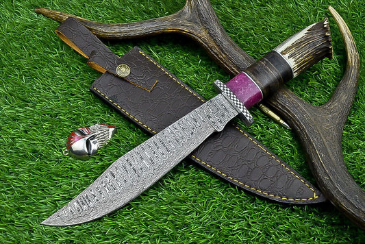 Heritage Forge 14 Inch Stag Horn Damascus Bowie Knife for Hunting and Camping