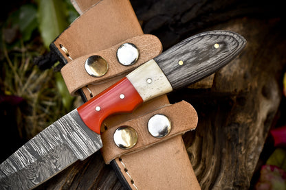 8.0" Twist Damascus Skinner Knife Bone and Wood Handle Fishing Knife