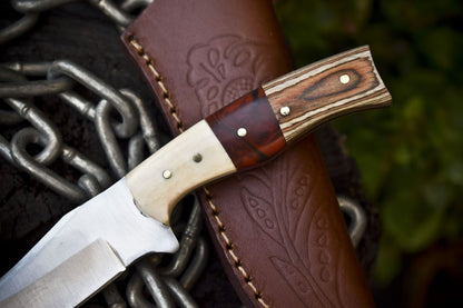 8" Handmade AUS-8 Steel Skinner Knife – Mixed Material Handle with Leather Sheath