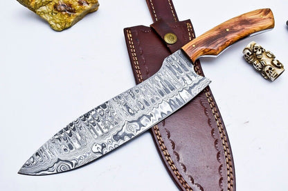 Entire World Handmade Damascus Steel Chef Knife with Olive Wood Handle & Leather Sheath