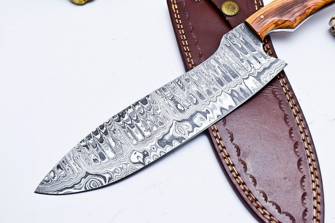 Entire World Handmade Damascus Steel Chef Knife with Olive Wood Handle & Leather Sheath