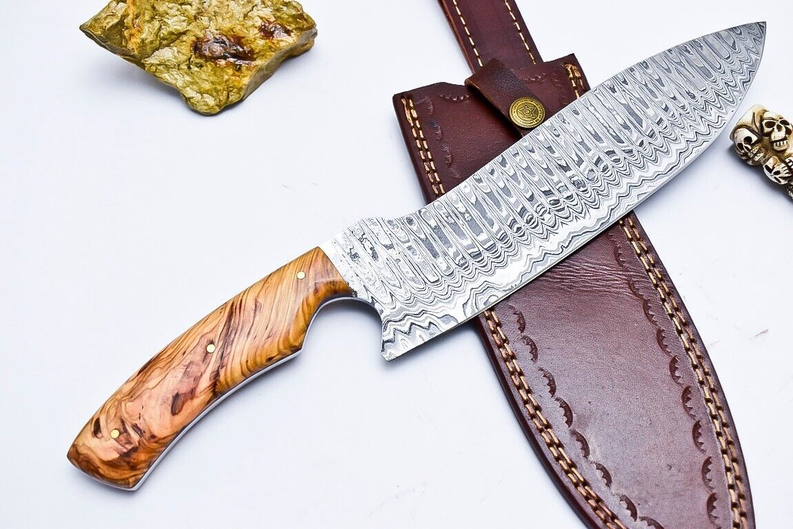 Entire World Handmade Damascus Steel Chef Knife with Olive Wood Handle & Leather Sheath