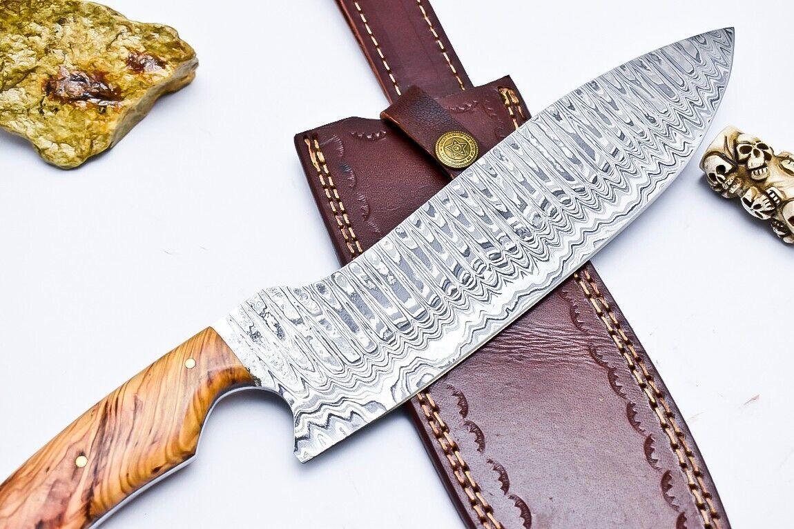 Entire World Handmade Damascus Steel Chef Knife with Olive Wood Handle & Leather Sheath
