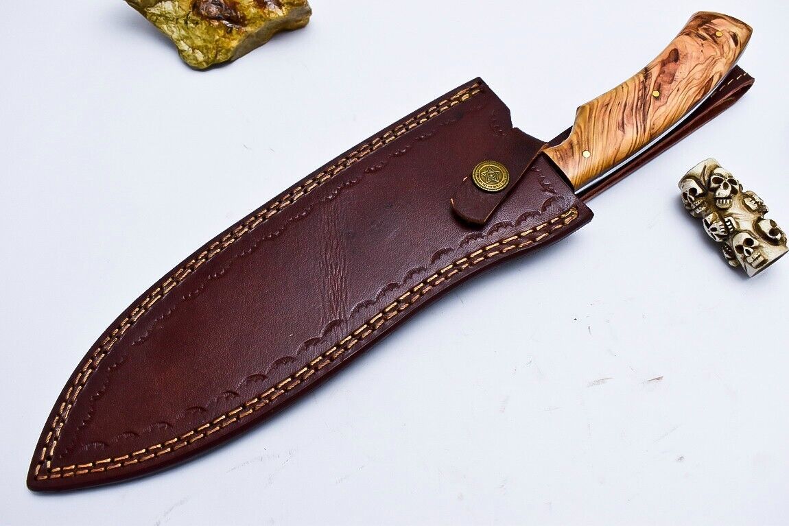 Entire World Handmade Damascus Steel Chef Knife with Olive Wood Handle & Leather Sheath