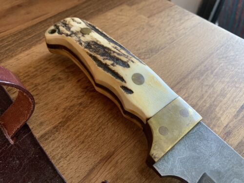 Heritage Forge Large Damascus Bowie Knife with Antler Handle – 9.5" Blade