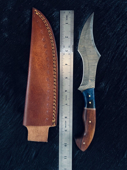 Heritage Forge 10.5 Inch Fire Damascus Steel Skinner Hunting Knife with Camel Bone and Natural Wood Handle