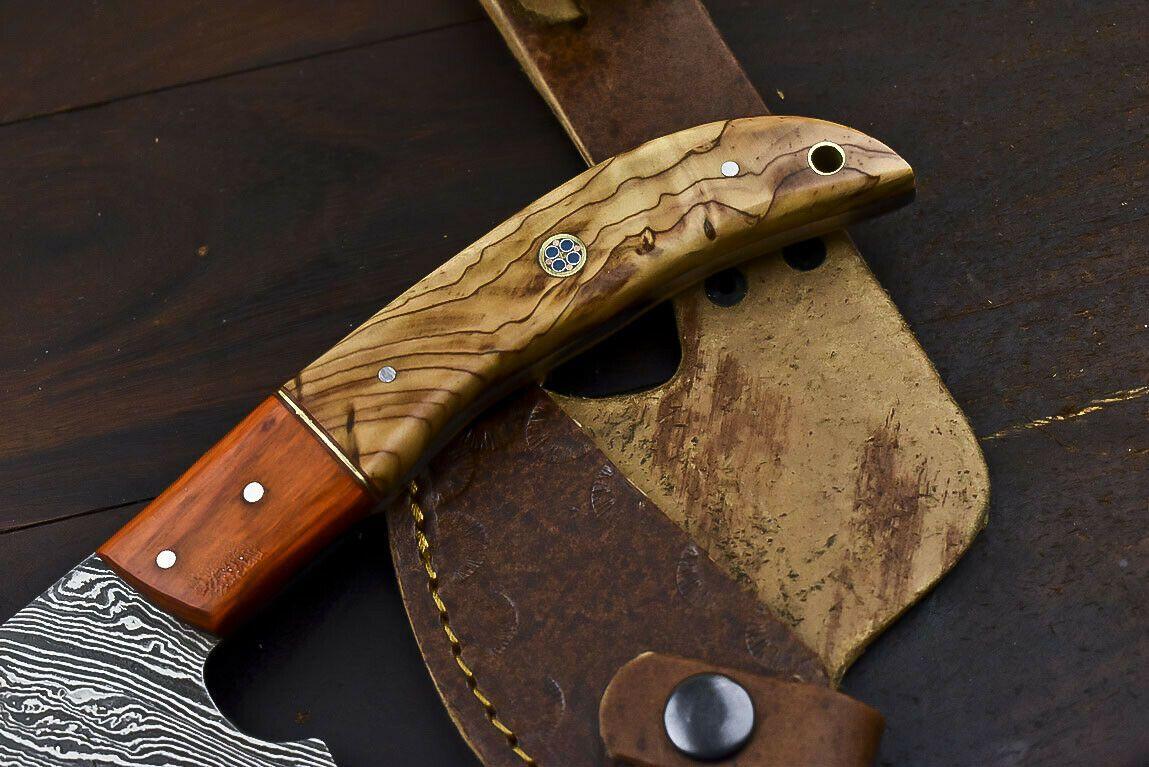Rare Handmade Damascus Steel Olive Wood Hunting Clever Chopper Axe Knife with Leather Sheath