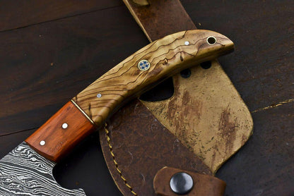 Rare Handmade Damascus Steel Olive Wood Hunting Clever Chopper Axe Knife with Leather Sheath