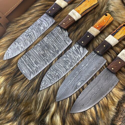 Custom Handmade Forged Damascus Kitchen Chef Knife Set of 5 with Sheath