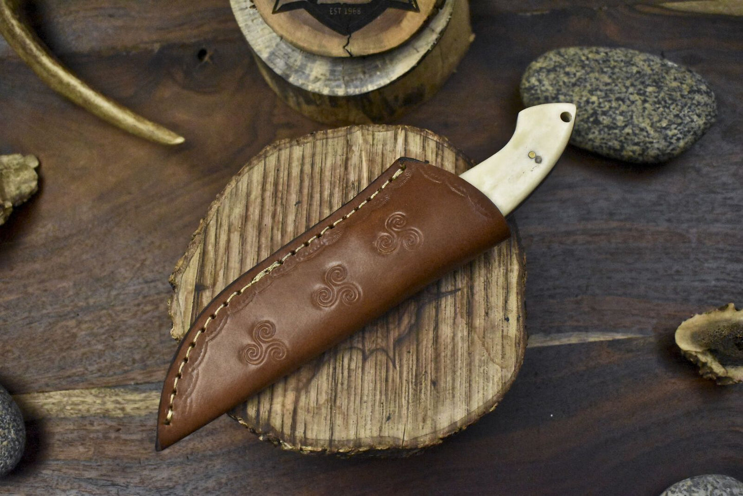 Twist Damascus Skinner Knife with Bone Handle and Micarta Bolster – Handmade Hunting and Hiking Blade