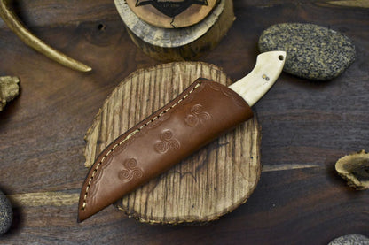 Twist Damascus Skinner Knife with Bone Handle and Micarta Bolster – Handmade Hunting and Hiking Blade