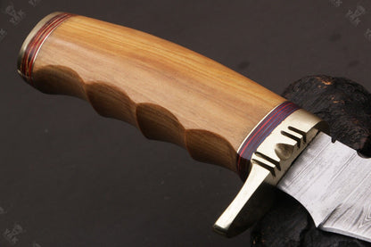 Heritage Forge 16 Inch Twist Damascus Bowie Knife with Camel Bone and Wood Handle for Hunting and Camping