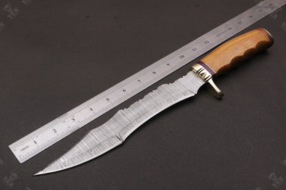 Heritage Forge 16 Inch Twist Damascus Bowie Knife with Camel Bone and Wood Handle for Hunting and Camping