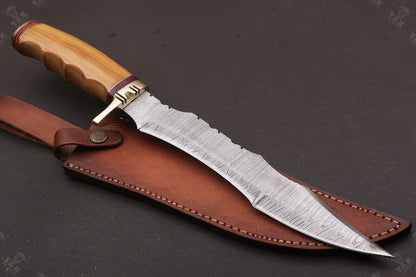 Heritage Forge 16 Inch Twist Damascus Bowie Knife with Camel Bone and Wood Handle for Hunting and Camping