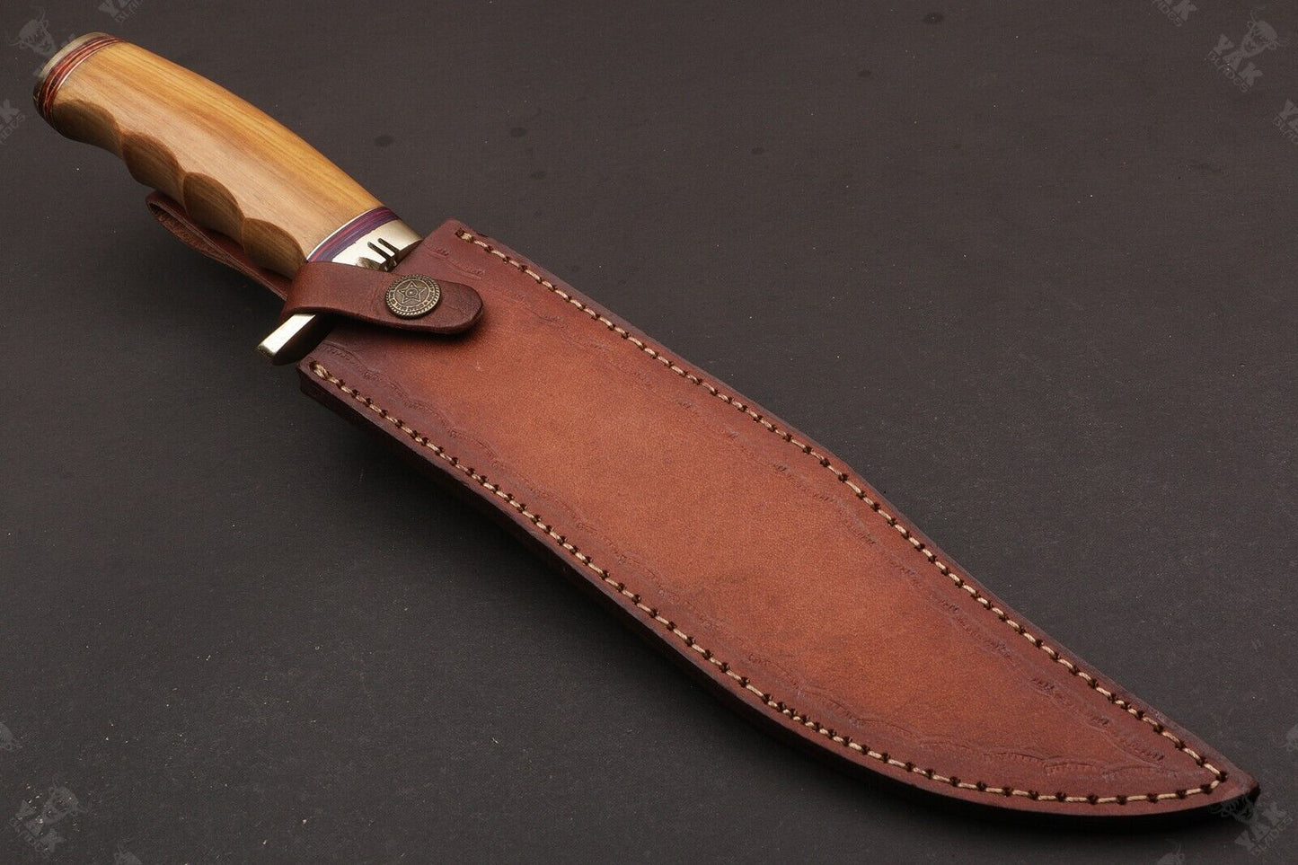 Heritage Forge 16 Inch Twist Damascus Bowie Knife with Camel Bone and Wood Handle for Hunting and Camping