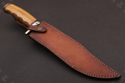 Heritage Forge 16 Inch Twist Damascus Bowie Knife with Camel Bone and Wood Handle for Hunting and Camping