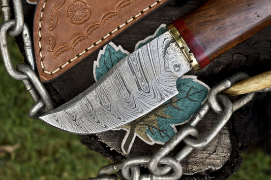 Hand Forged Twist Damascus Skinner Knife with Walnut Wood Handle – 8 Inch Hunting and Skinning Knife