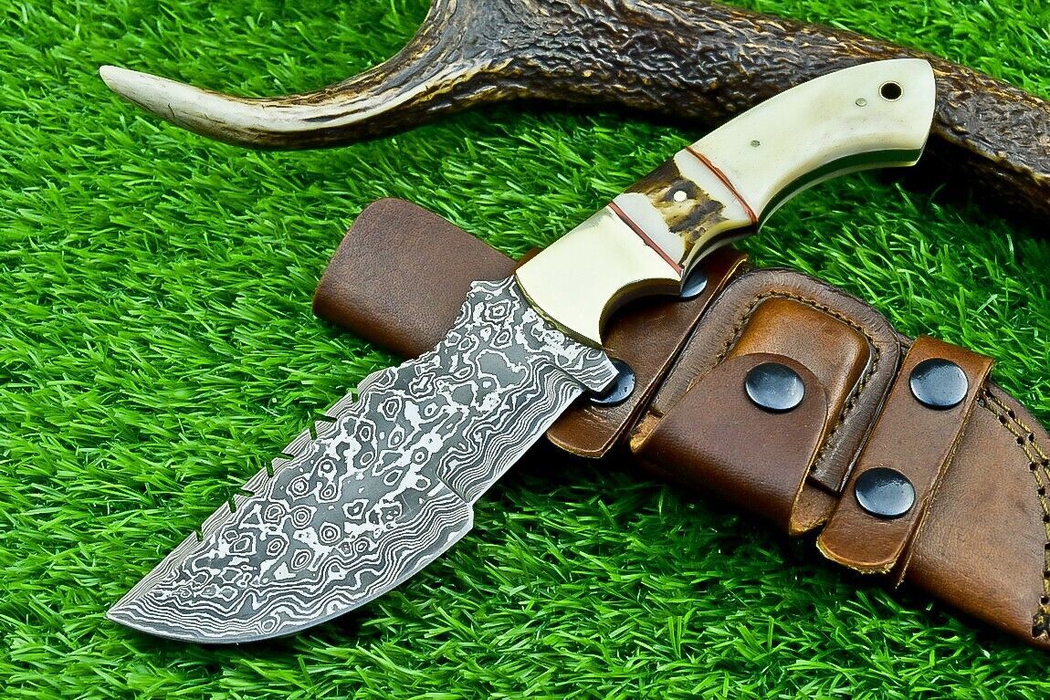 10 Inch Custom Damascus Steel Tracker Bowie Knife with Camel Bone Handle