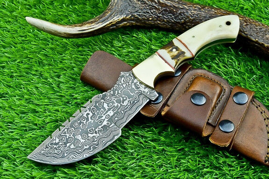 10 Inch Custom Damascus Steel Tracker Bowie Knife with Camel Bone Handle