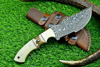 10 Inch Custom Damascus Steel Tracker Bowie Knife with Camel Bone Handle