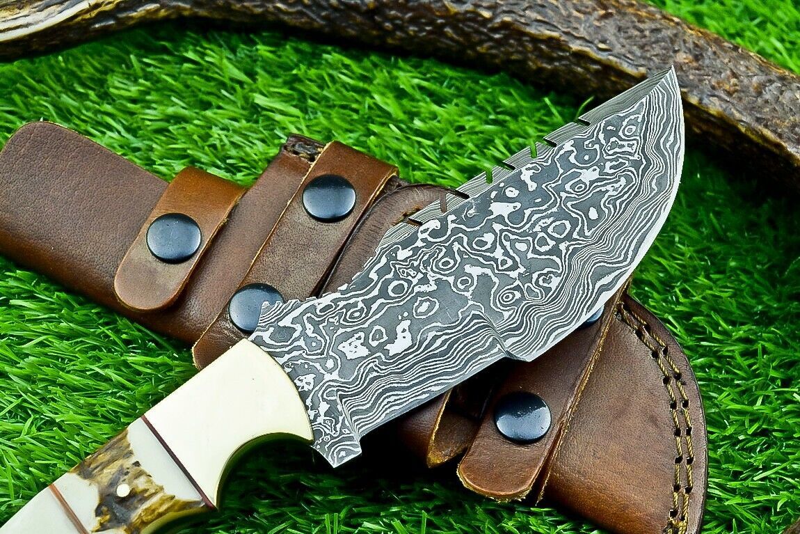 10 Inch Custom Damascus Steel Tracker Bowie Knife with Camel Bone Handle
