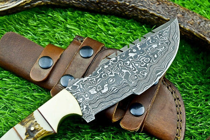 10 Inch Custom Damascus Steel Tracker Bowie Knife with Camel Bone Handle