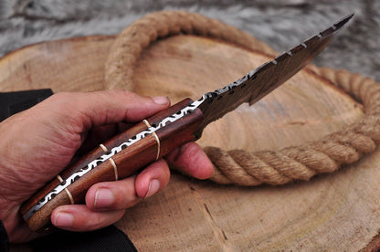 Custom Handmade Damascus Steel Hunting Tracker Knife – 10" Full Tang Bushcraft Outdoor Knife with Leather Sheath