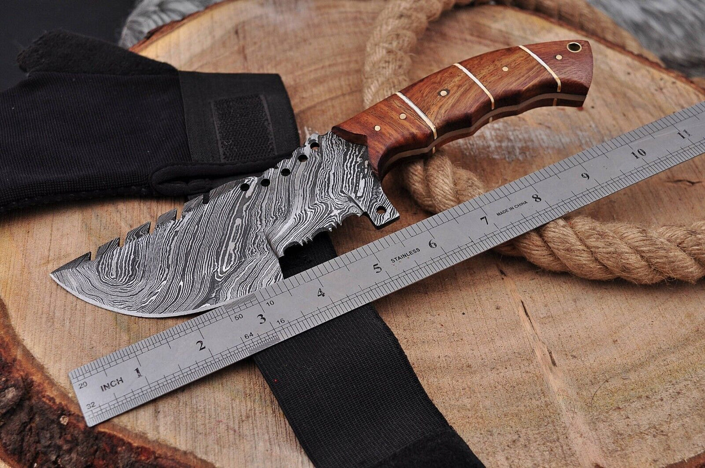 Custom Handmade Damascus Steel Hunting Tracker Knife – 10" Full Tang Bushcraft Outdoor Knife with Leather Sheath