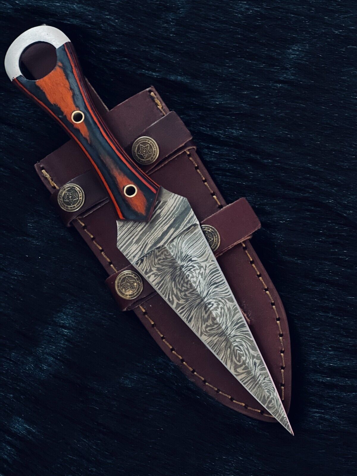 10" Fire Damascus Steel Dagger Bowie Knife –  Wood Handle