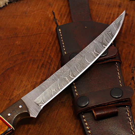 13" Hand forged Damascus Fillet Knife Custom Fillet Knife With Pakka Wood Handle & Sheath