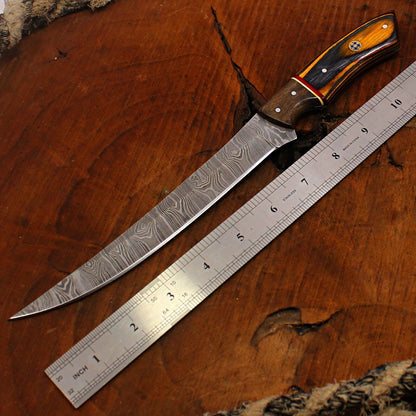 13" Hand forged Damascus Fillet Knife Custom Fillet Knife With Pakka Wood Handle & Sheath