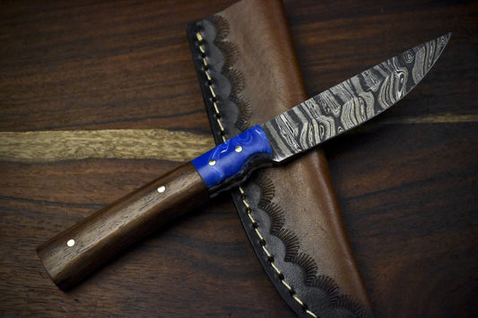 7.5" Twist Damascus Skinner Knife with Walnut Wood Handle – Custom Forged Outdoor Survival Blade