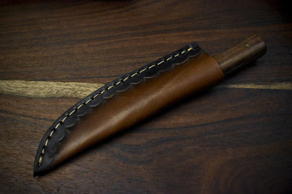 7.5" Twist Damascus Skinner Knife with Walnut Wood Handle – Custom Forged Outdoor Survival Blade