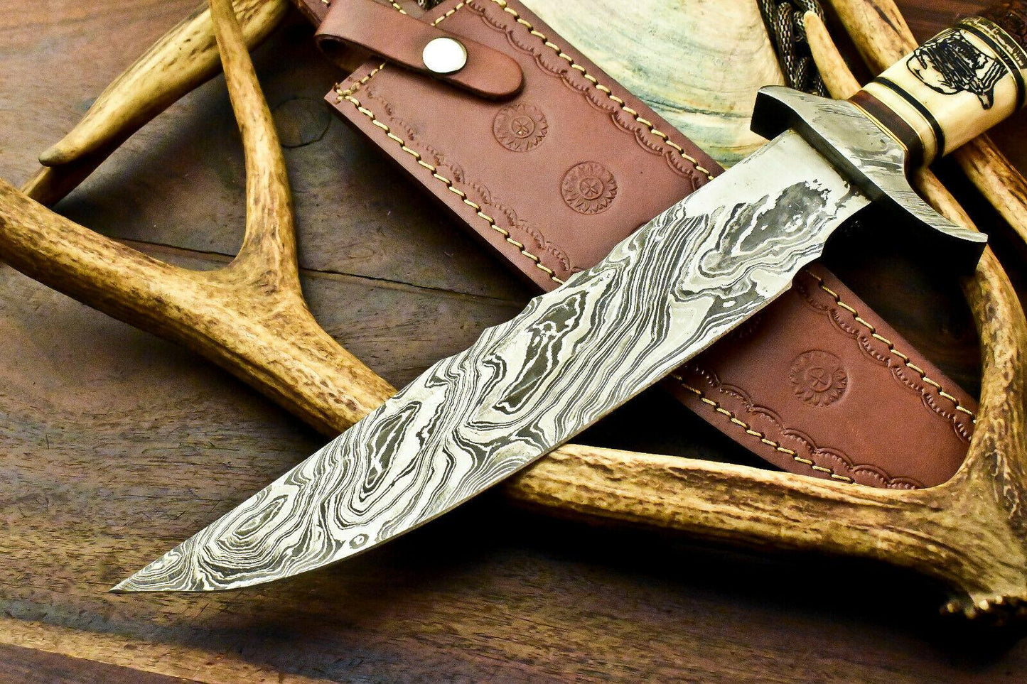 15.5" Custom Damascus Bowie Knife | Laser Etched Blade & Farms Camel Bone Handle