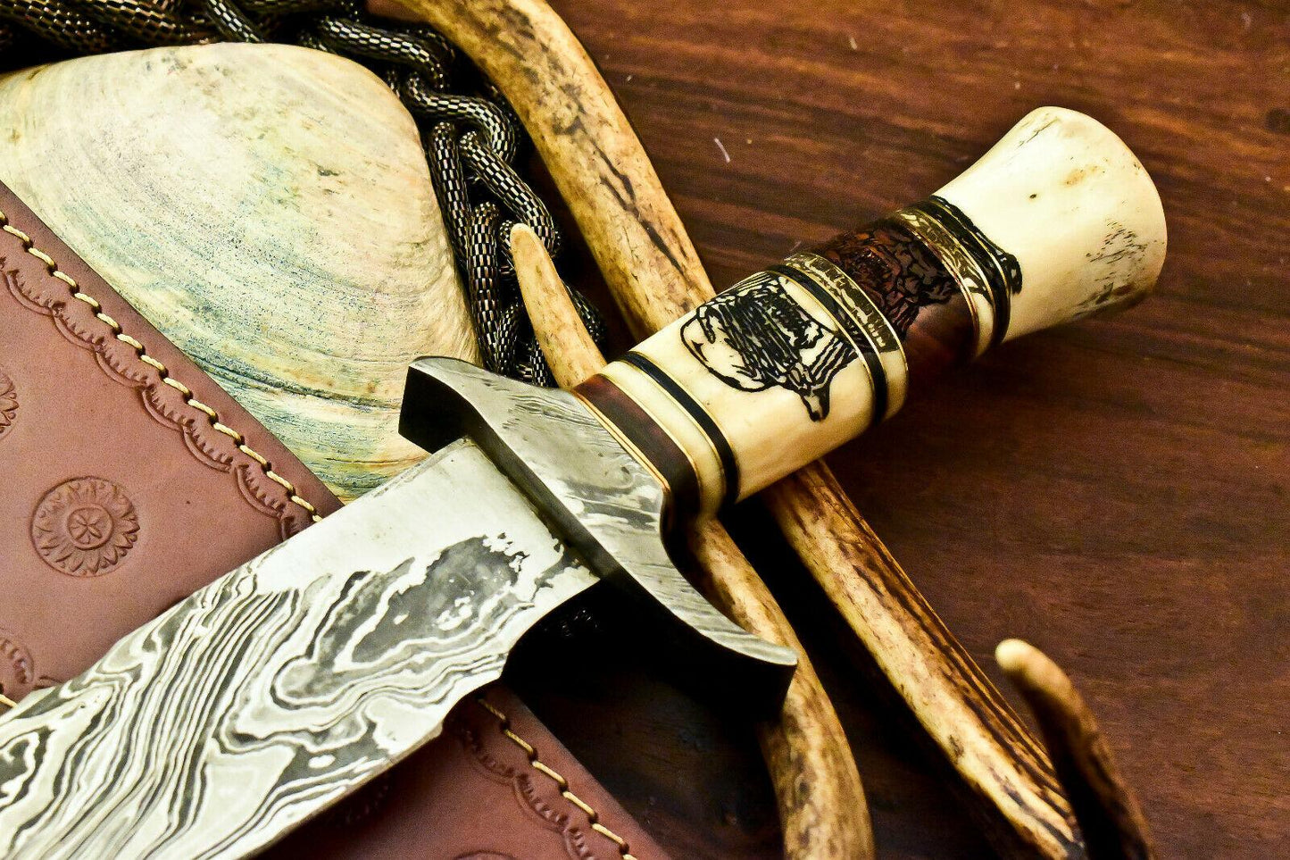 15.5" Custom Damascus Bowie Knife | Laser Etched Blade & Farms Camel Bone Handle