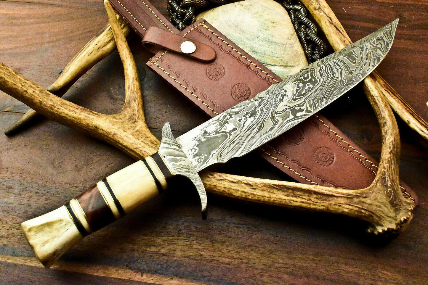15.5" Custom Damascus Bowie Knife | Laser Etched Blade & Farms Camel Bone Handle