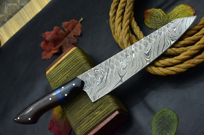 Custom Hammered Damascus Steel Chef Knife Handmade, Vengai Wood Handle, Ladder Pattern Blade