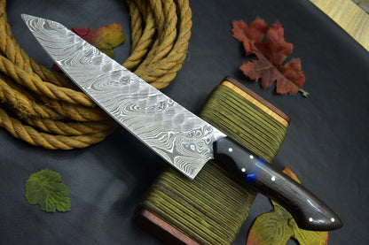 Custom Hammered Damascus Steel Chef Knife Handmade, Vengai Wood Handle, Ladder Pattern Blade