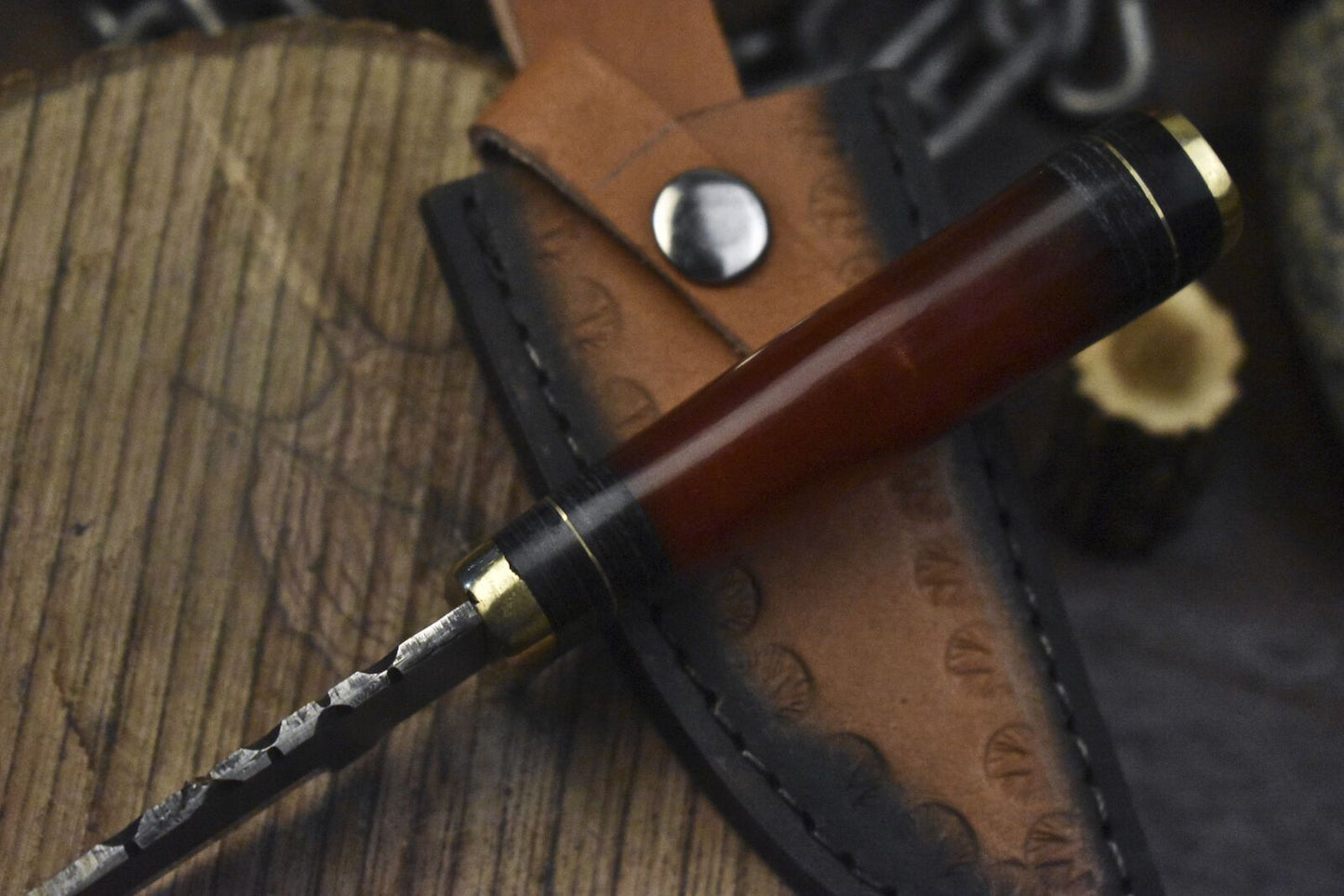 Hand Crafted Skinner Knife with Gut Hook Twist Damascus Corain Handle Gift