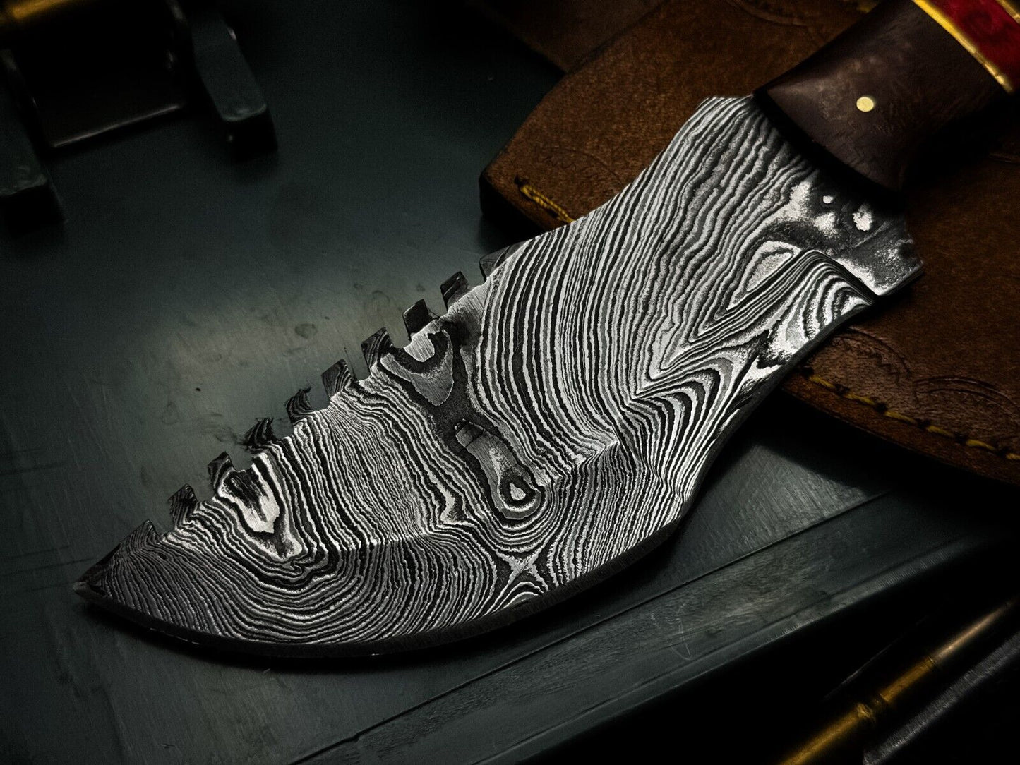 Handmade Damascus Steel Hunting Tracker EDC Knife – Wood Handle with Leather Sheath