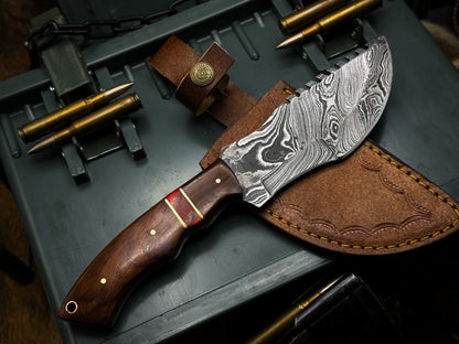 Handmade Damascus Steel Hunting Tracker EDC Knife – Wood Handle with Leather Sheath