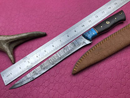 14" Handmade Damascus Knife Custom Fillet Knife with Sheath and Bull Horn Handle