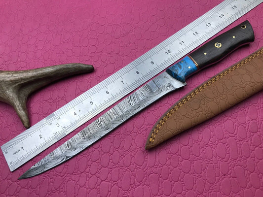 14" Handmade Damascus Knife Custom Fillet Knife with Sheath and Bull Horn Handle