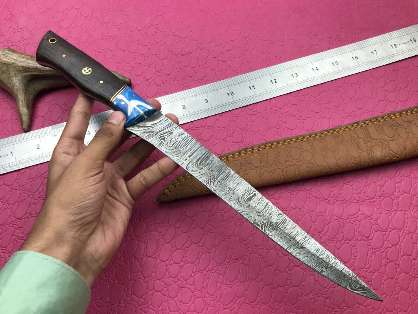 14" Handmade Damascus Knife Custom Fillet Knife with Sheath and Bull Horn Handle