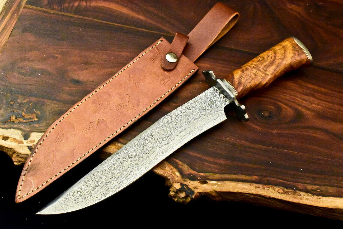 15" Handmade Damascus Bowie Knife | Walnut Wood Handle & 10" Blade