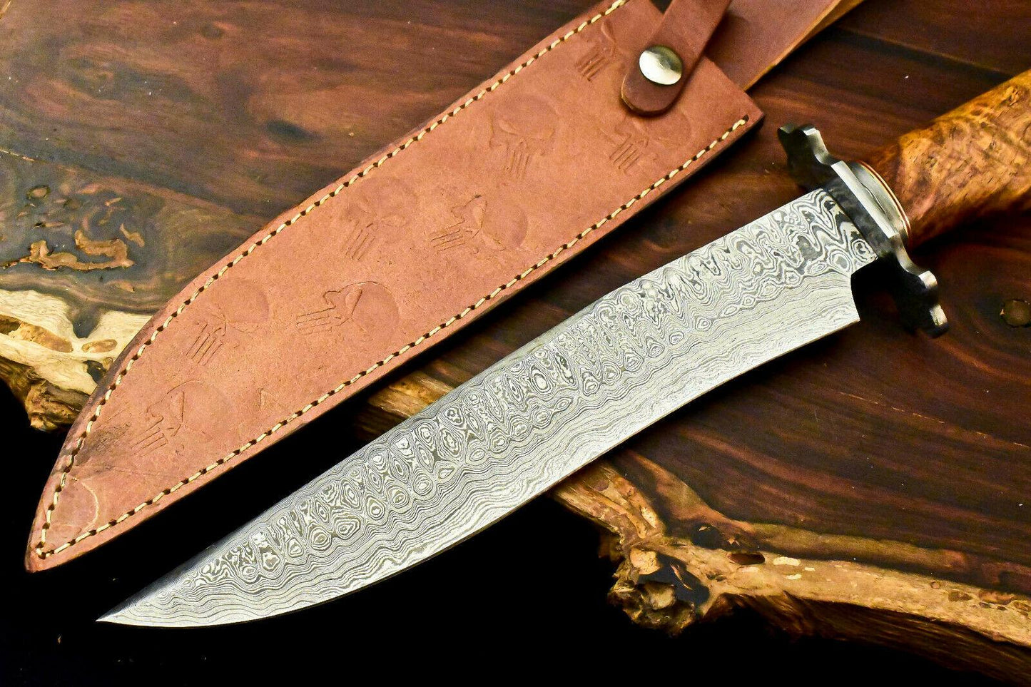 15" Handmade Damascus Bowie Knife | Walnut Wood Handle & 10" Blade