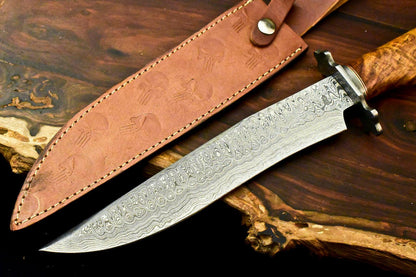 15" Handmade Damascus Bowie Knife | Walnut Wood Handle & 10" Blade