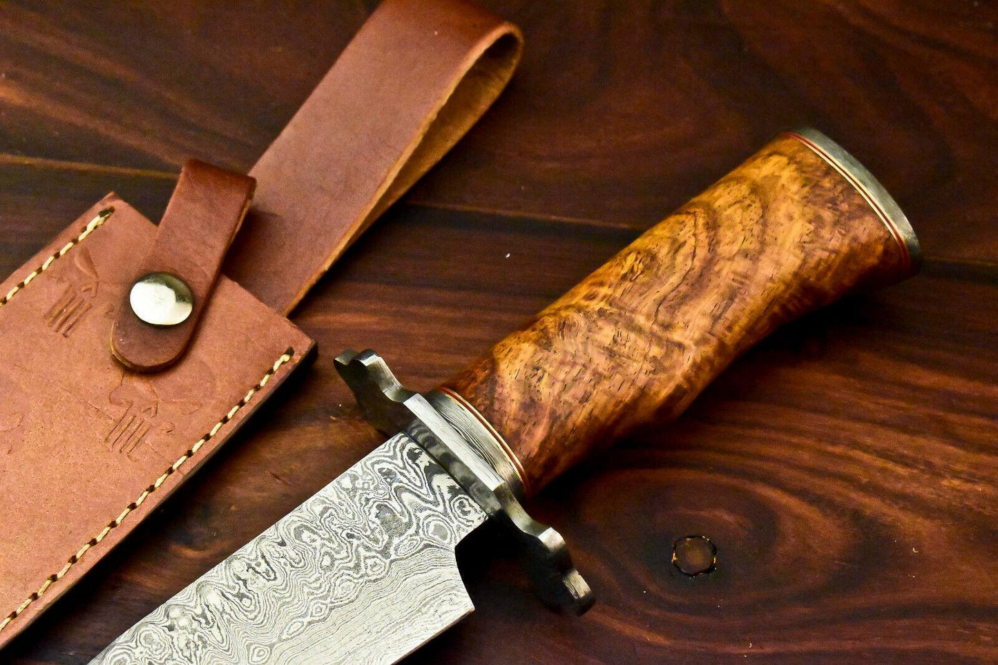 15" Handmade Damascus Bowie Knife | Walnut Wood Handle & 10" Blade