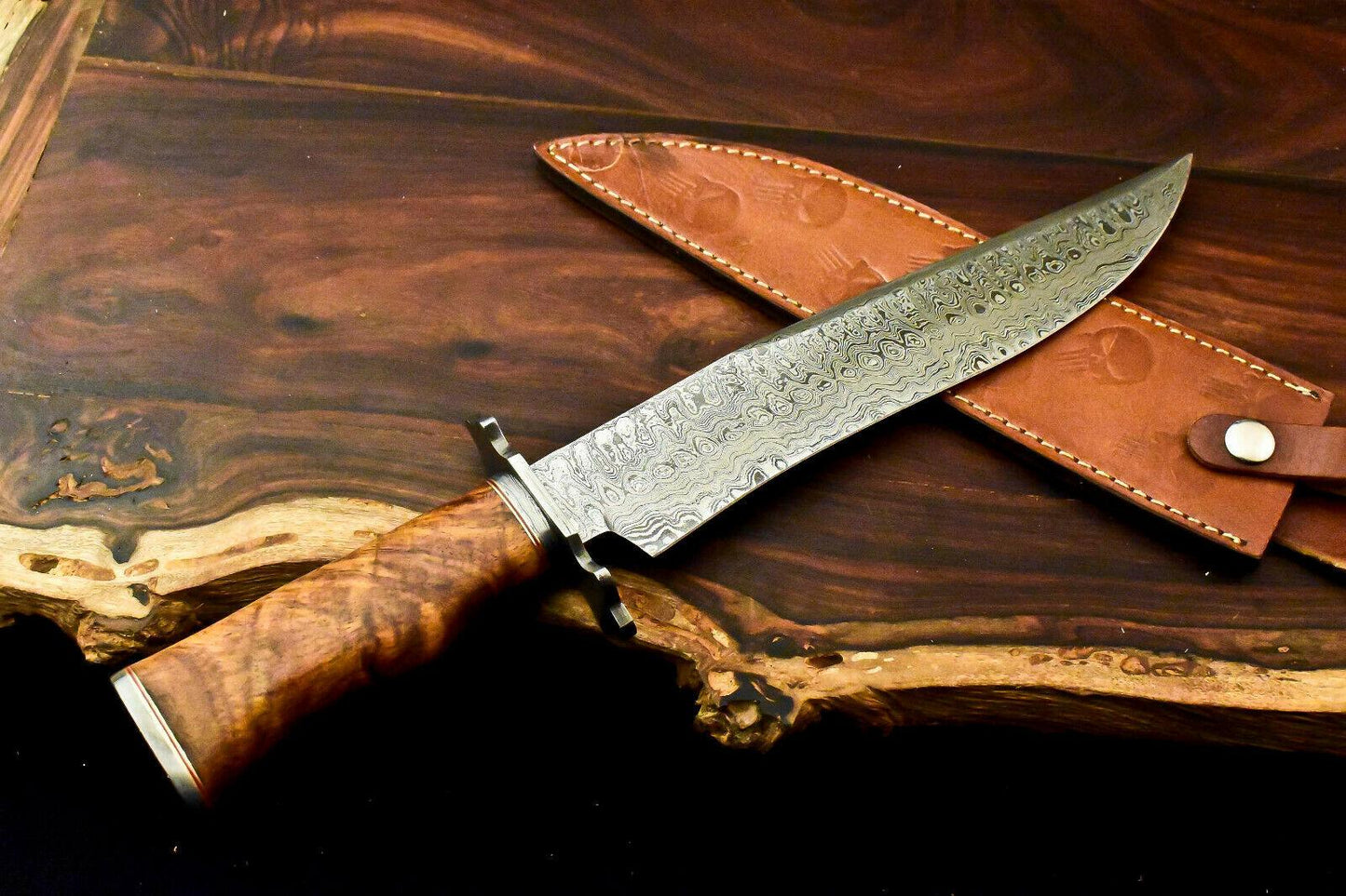 15" Handmade Damascus Bowie Knife | Walnut Wood Handle & 10" Blade
